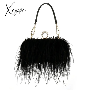 Xajzpa - Luxury Ostrich Feather Evening Bags For Women Chain Shoulder Crossbody Bag Tassel Party